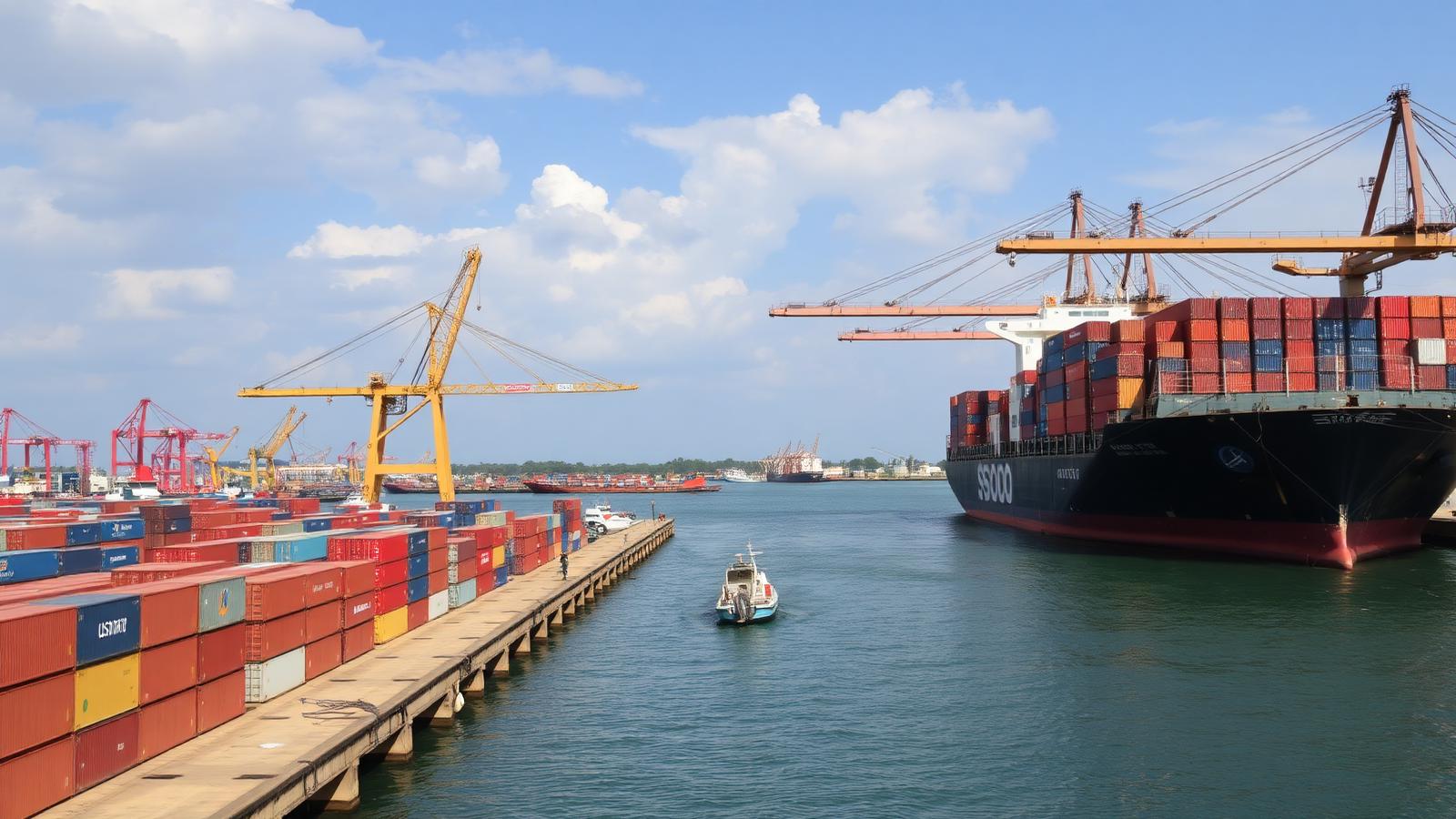 West African container port with a cargo ship and gantry cranes