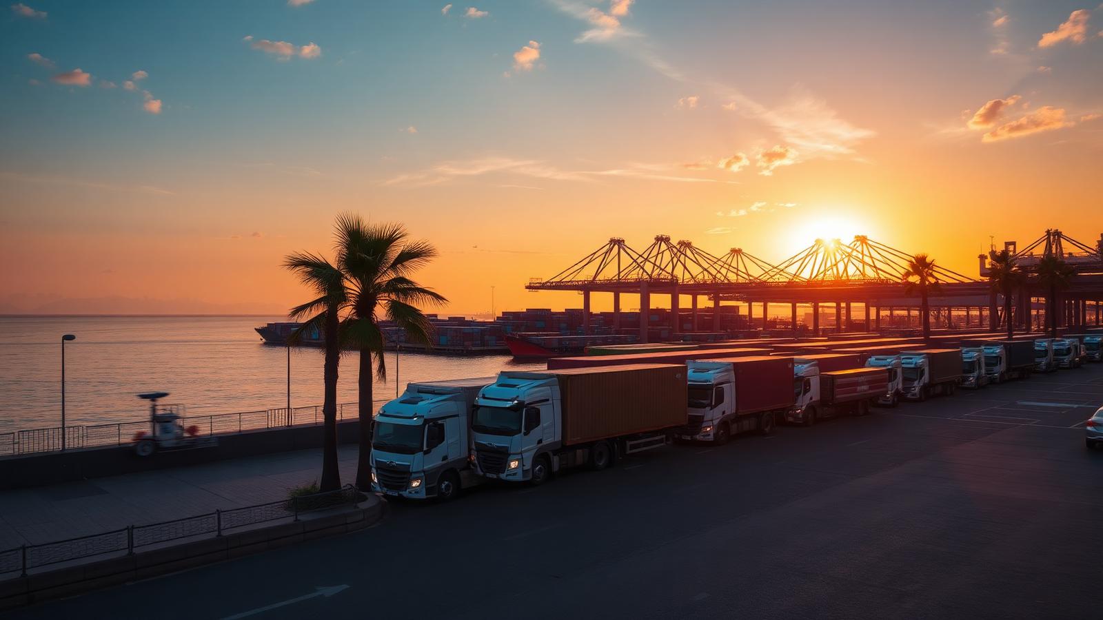 African port terminal at sunset with a line of container trucks
