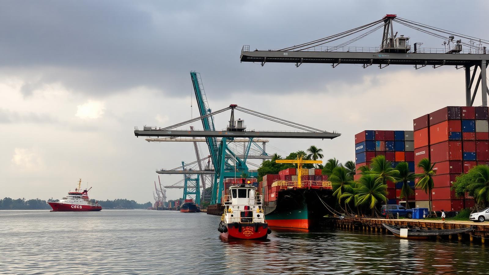 Container ship docking at the port of Douala, Cameroon
