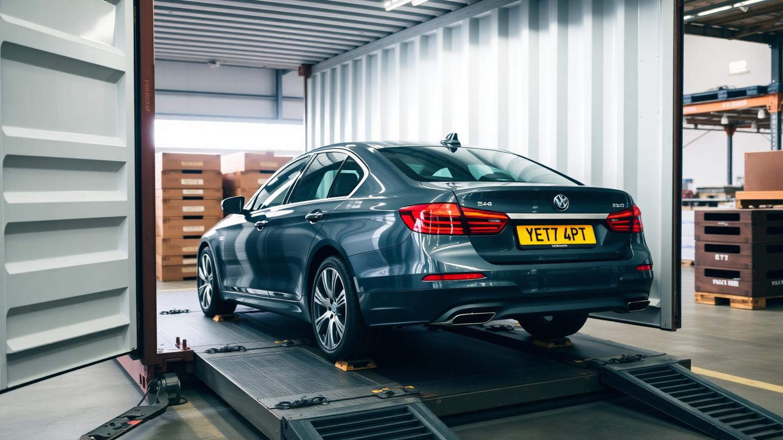 Vehicle secured and loaded into an ocean shipping container for export