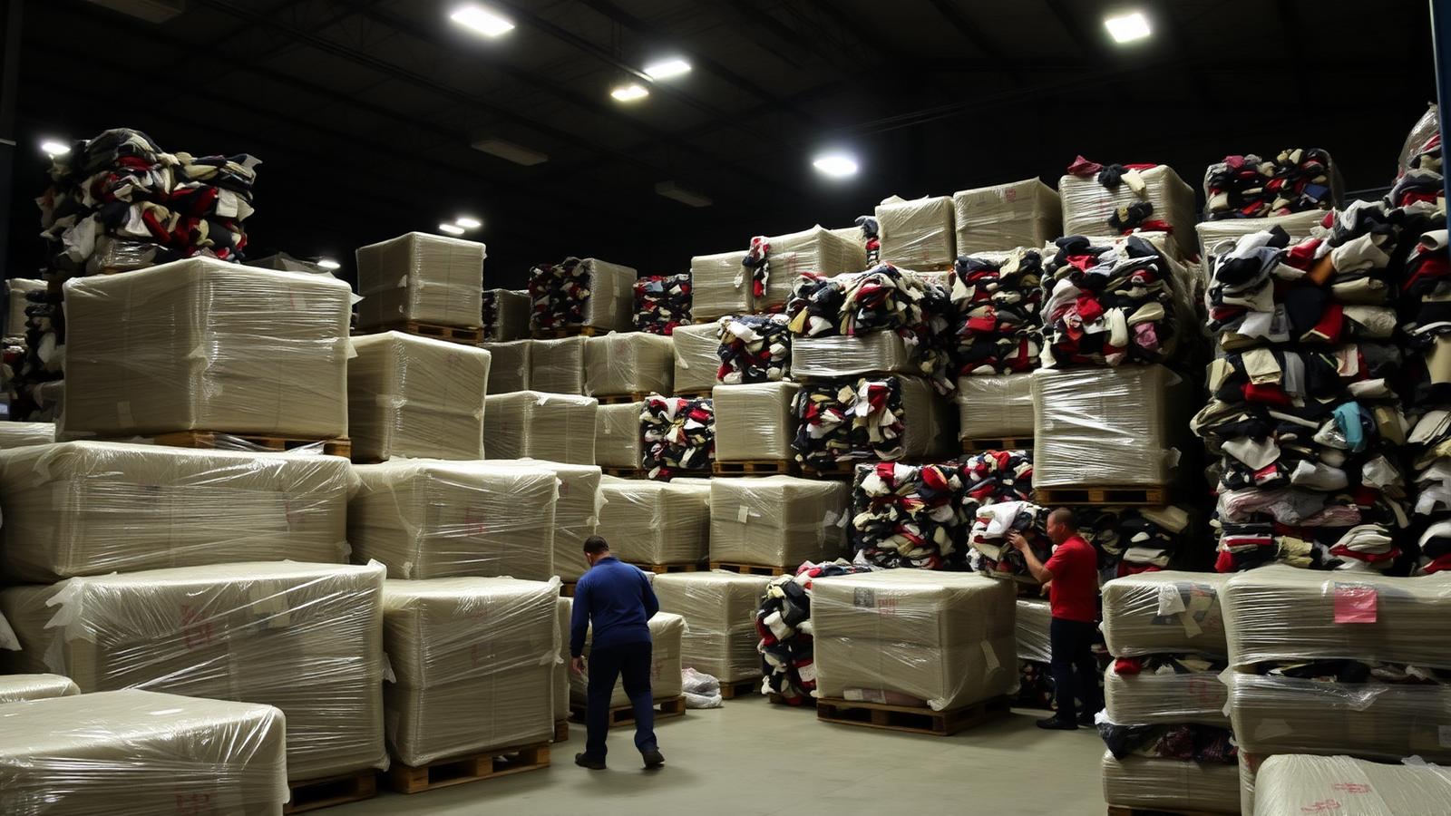 Compressed bales of used clothing ready for loading into a shipping container
