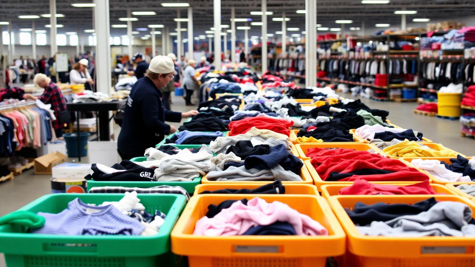 Trader preparing bales of used clothing for resale in a market stall