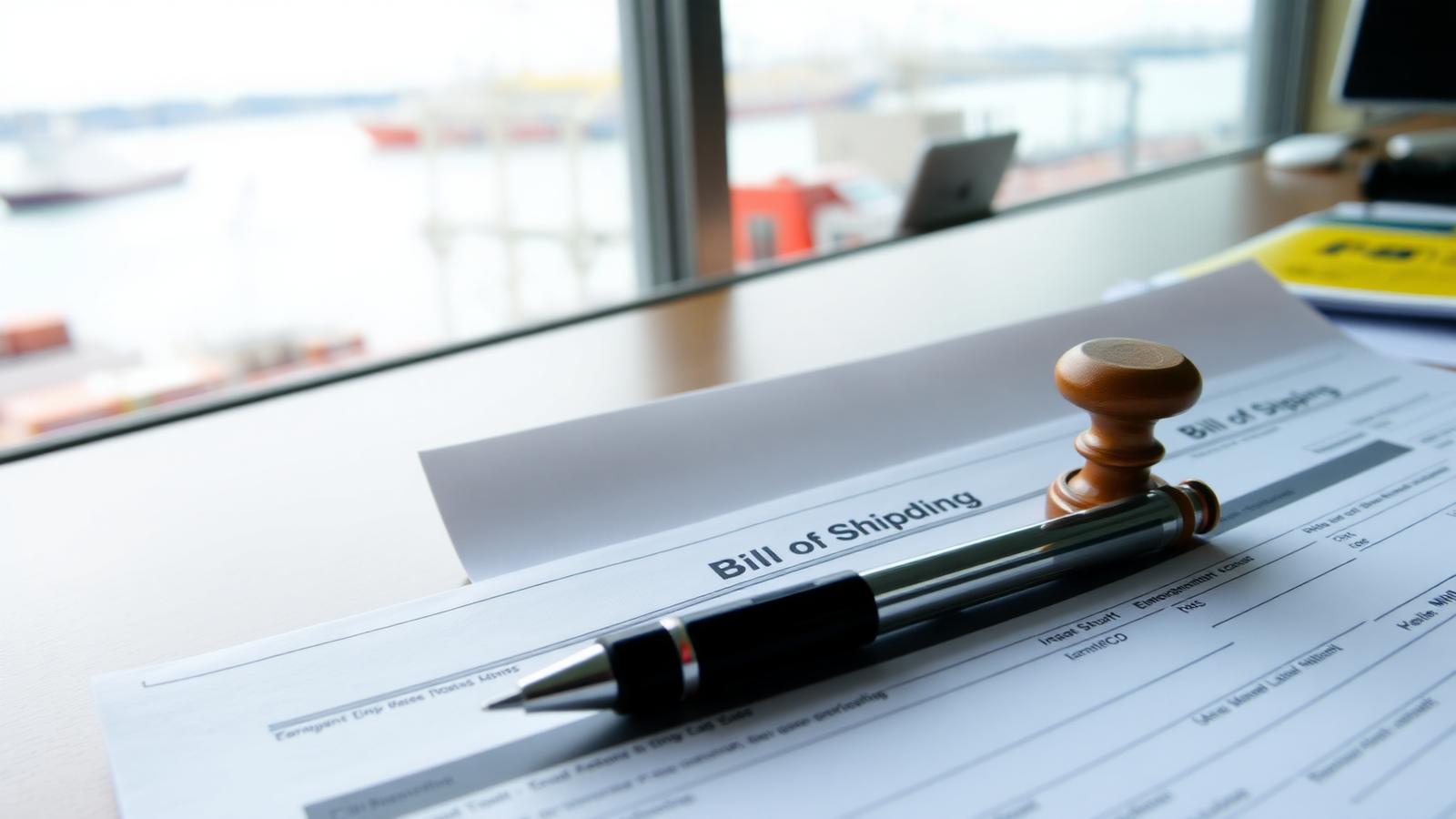 Ocean shipping documents laid out in front of a container terminal