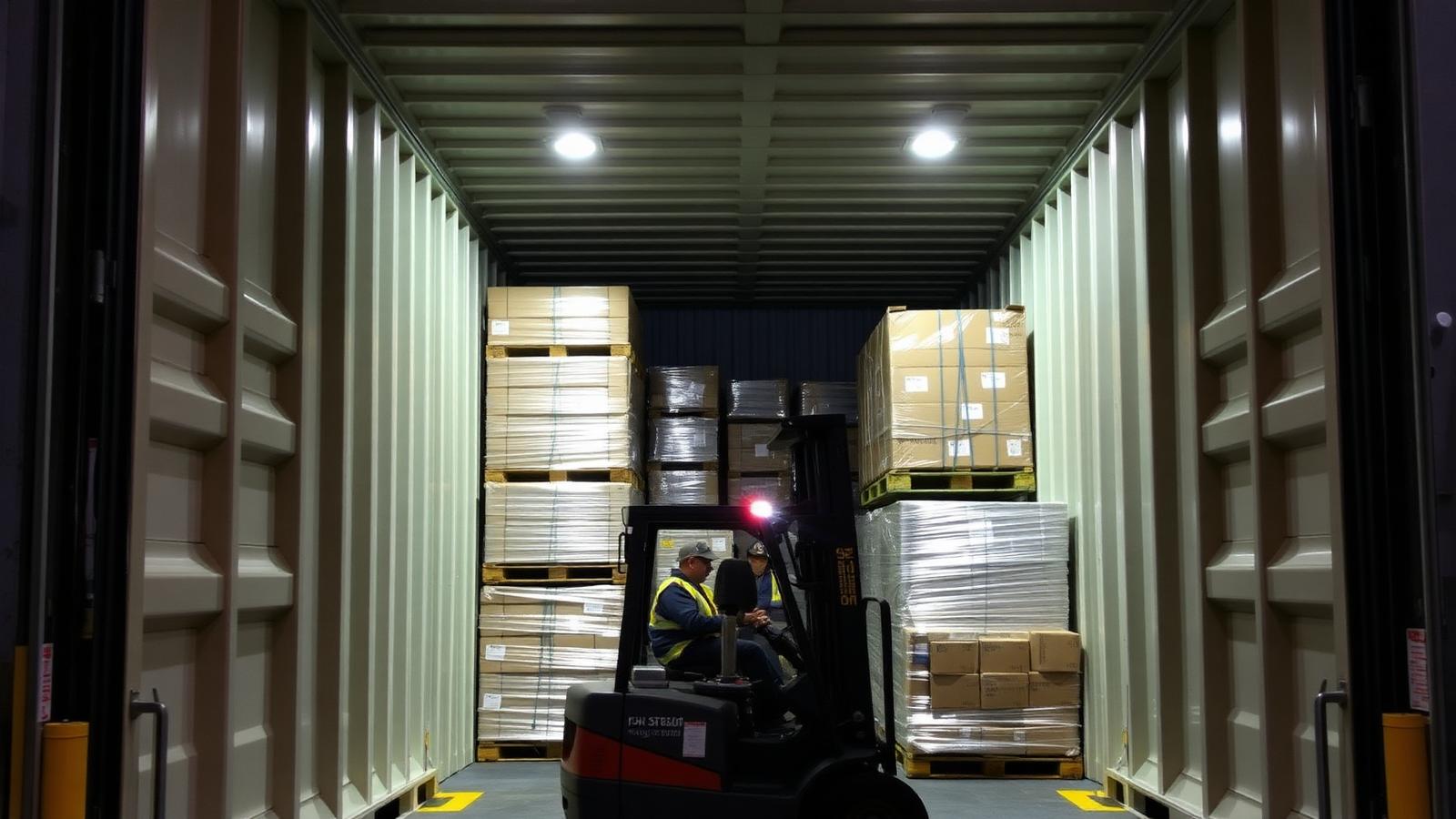 Pallets of goods secured inside an open shipping container