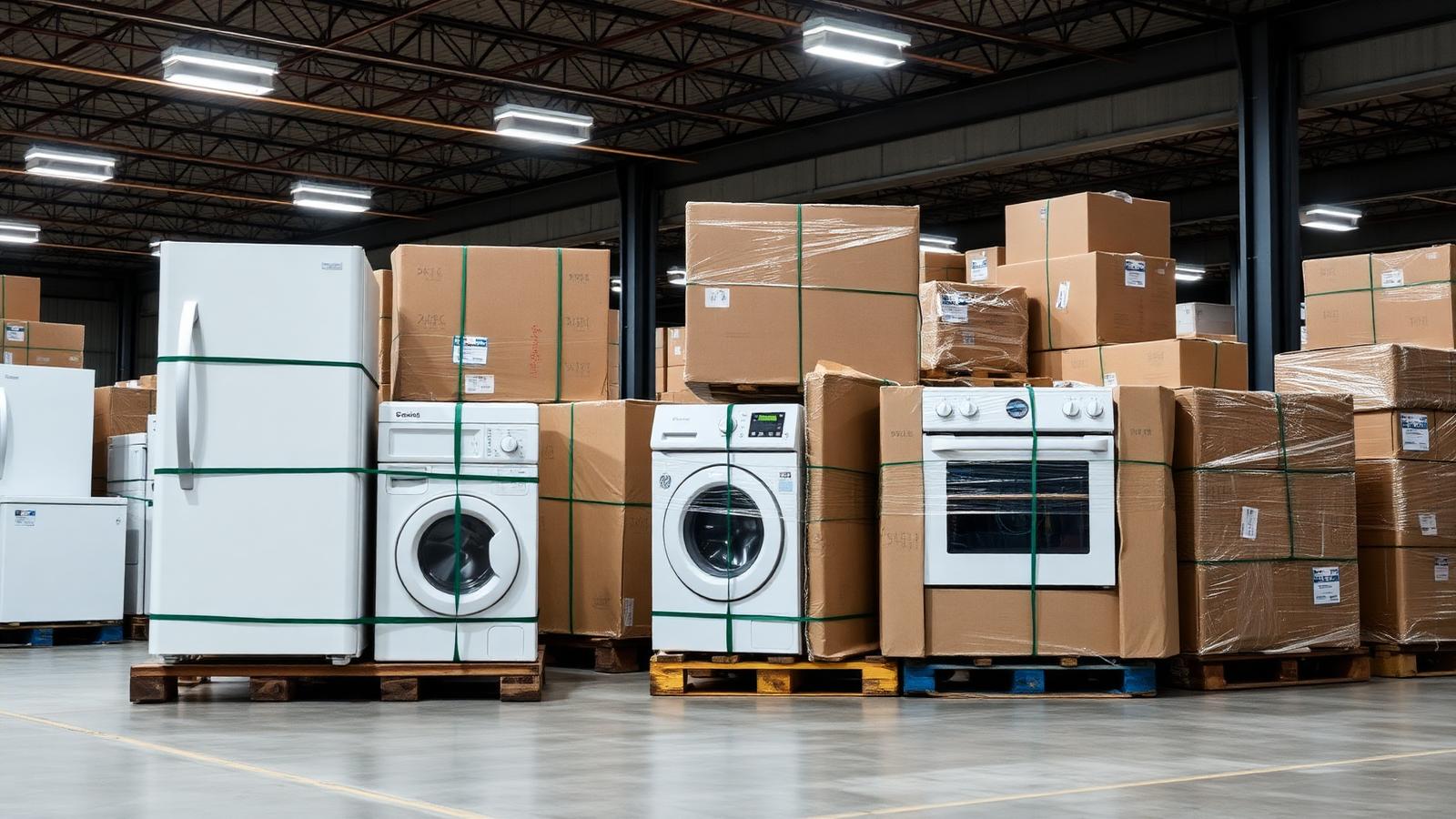 Refrigerator and appliances packed on a pallet before loading into an ocean shipping container