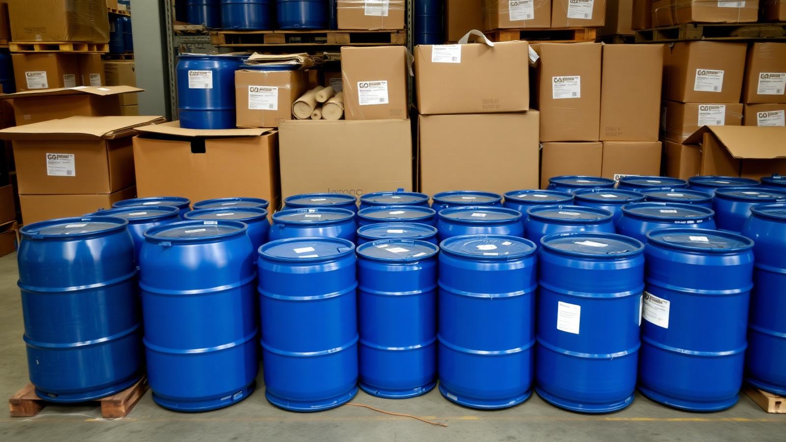 Sealed plastic barrel ready to be shipped by sea from Montreal to Africa