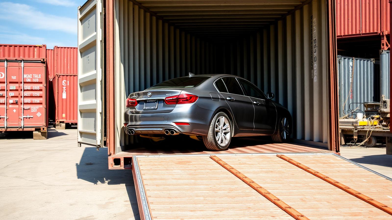 Car being loaded into a shipping container for export to Africa