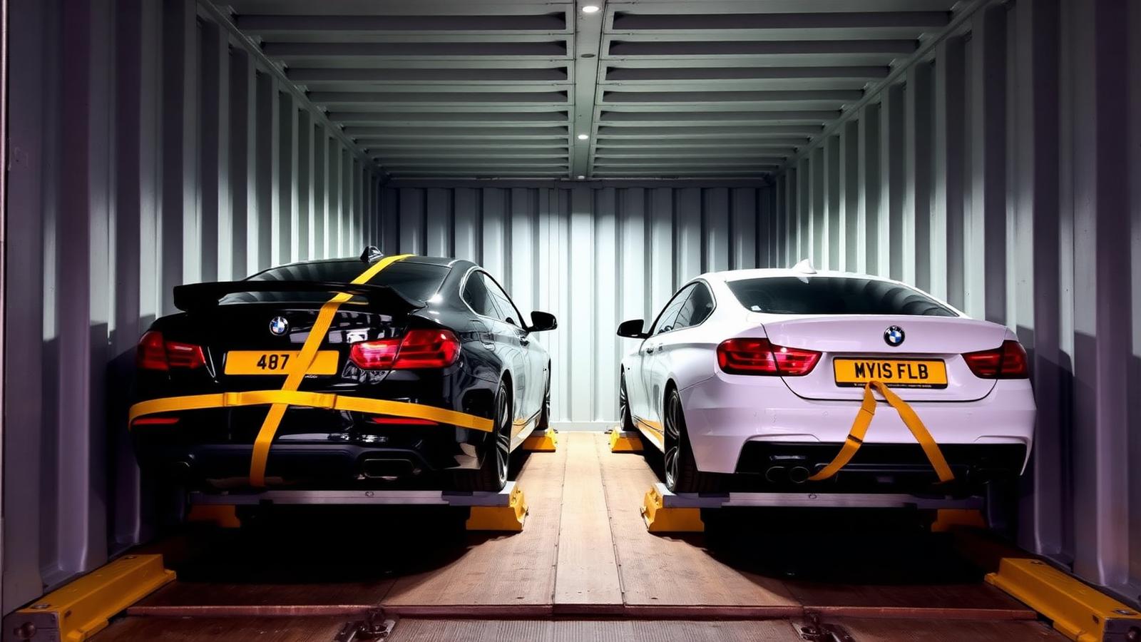 Several cars loaded and secured inside a shipping container before export