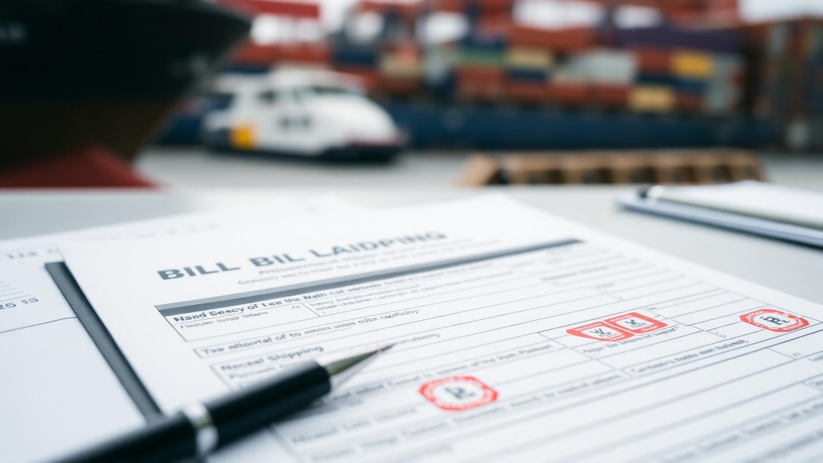 Bill of lading document placed next to a shipping container at port