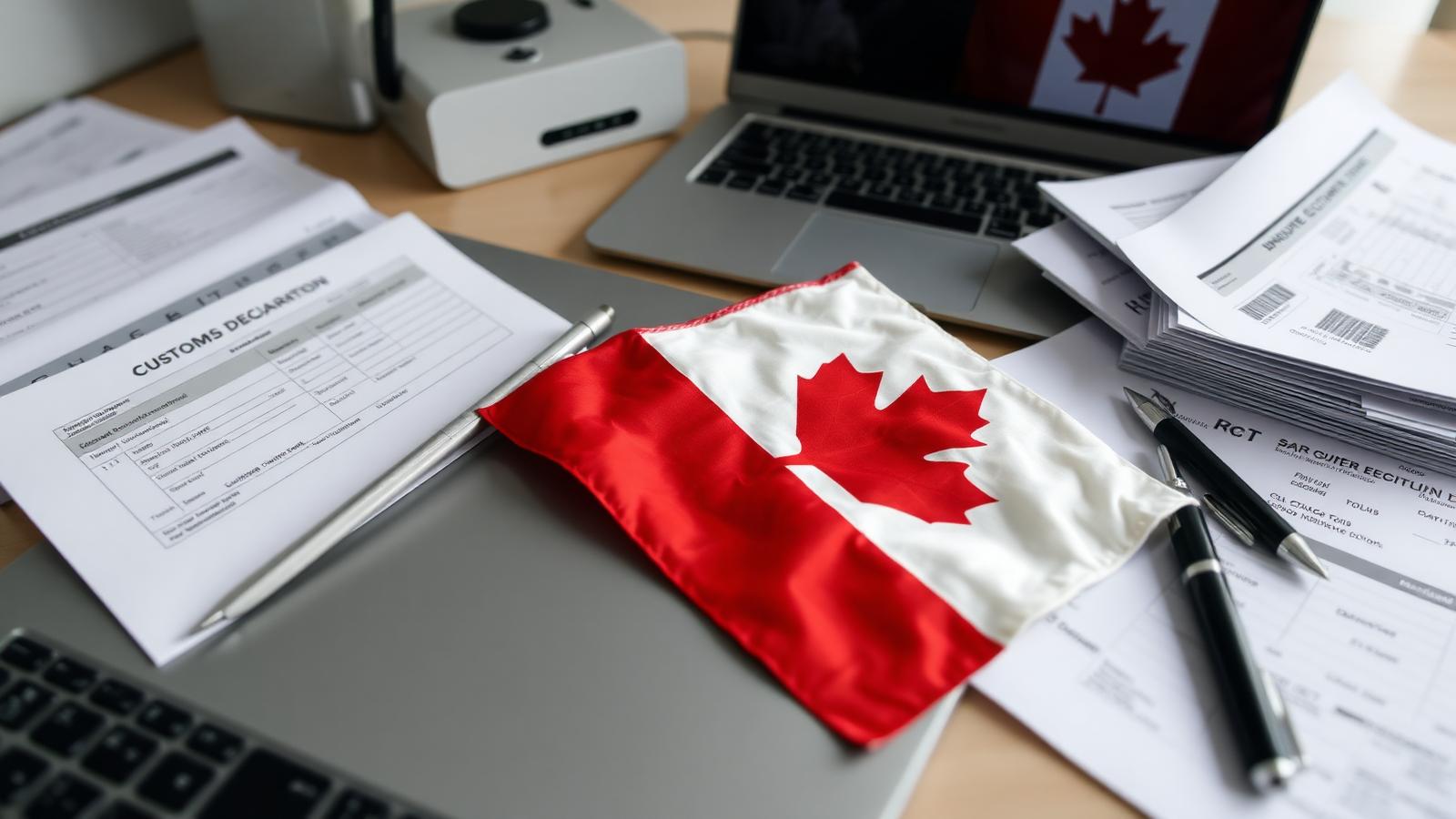 Export declaration documents placed next to a shipping container at the Port of Montreal