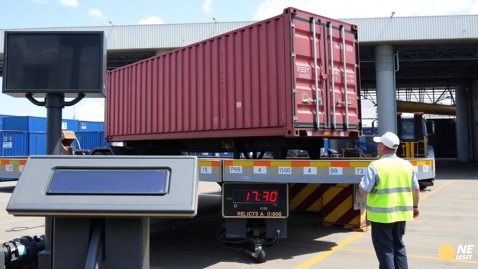 Ocean shipping container on a weighing scale before loading, illustrating the VGM verification process