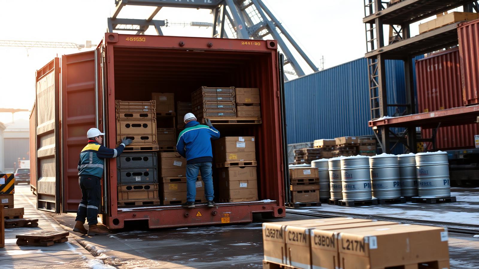 Ocean container loaded with parcels and barrels ready for consolidation shipping from Montreal to Kinshasa via Matadi