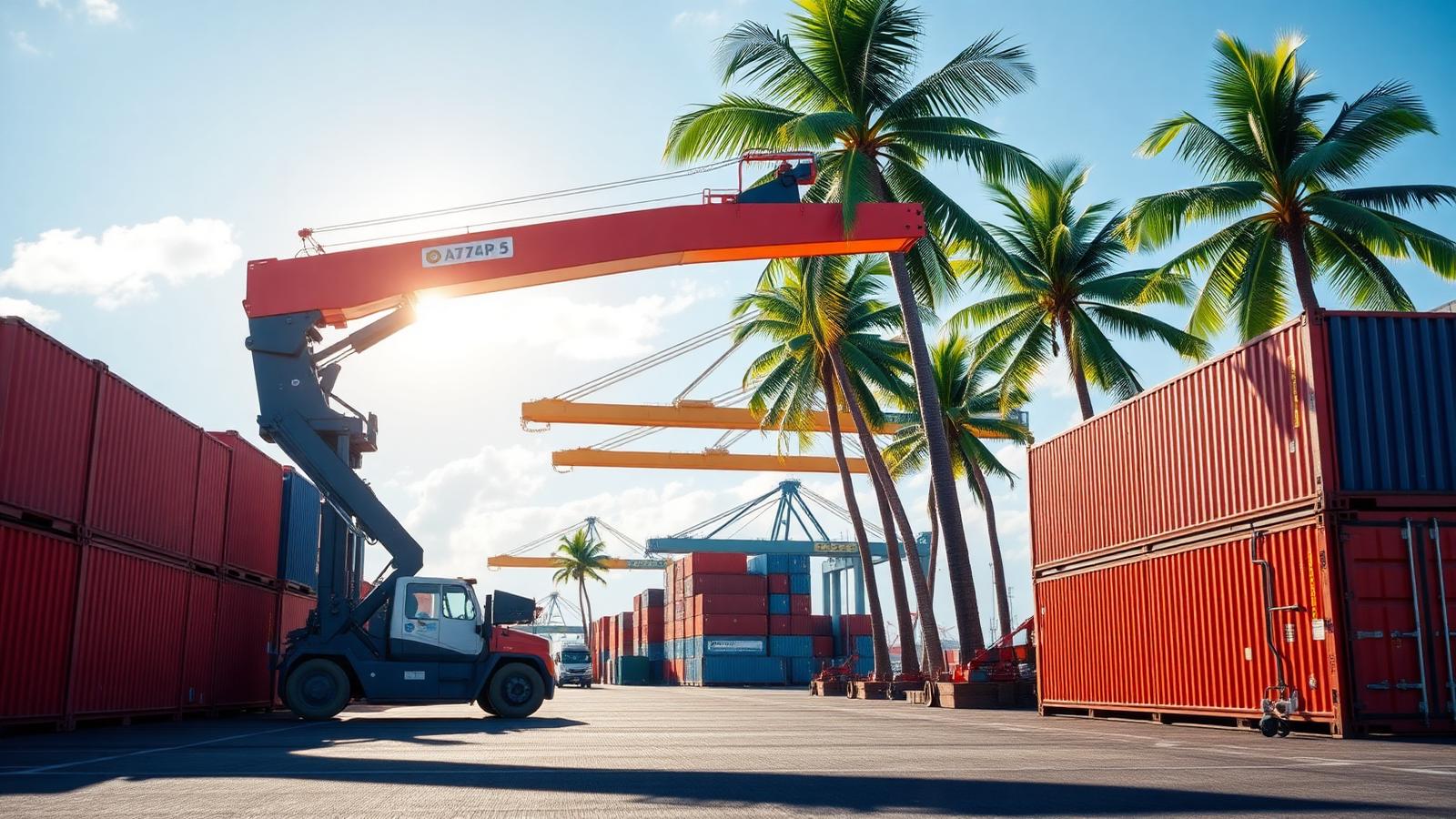 Industrial machinery and construction materials waiting to be loaded into an ocean container departing Montreal for the port of Douala