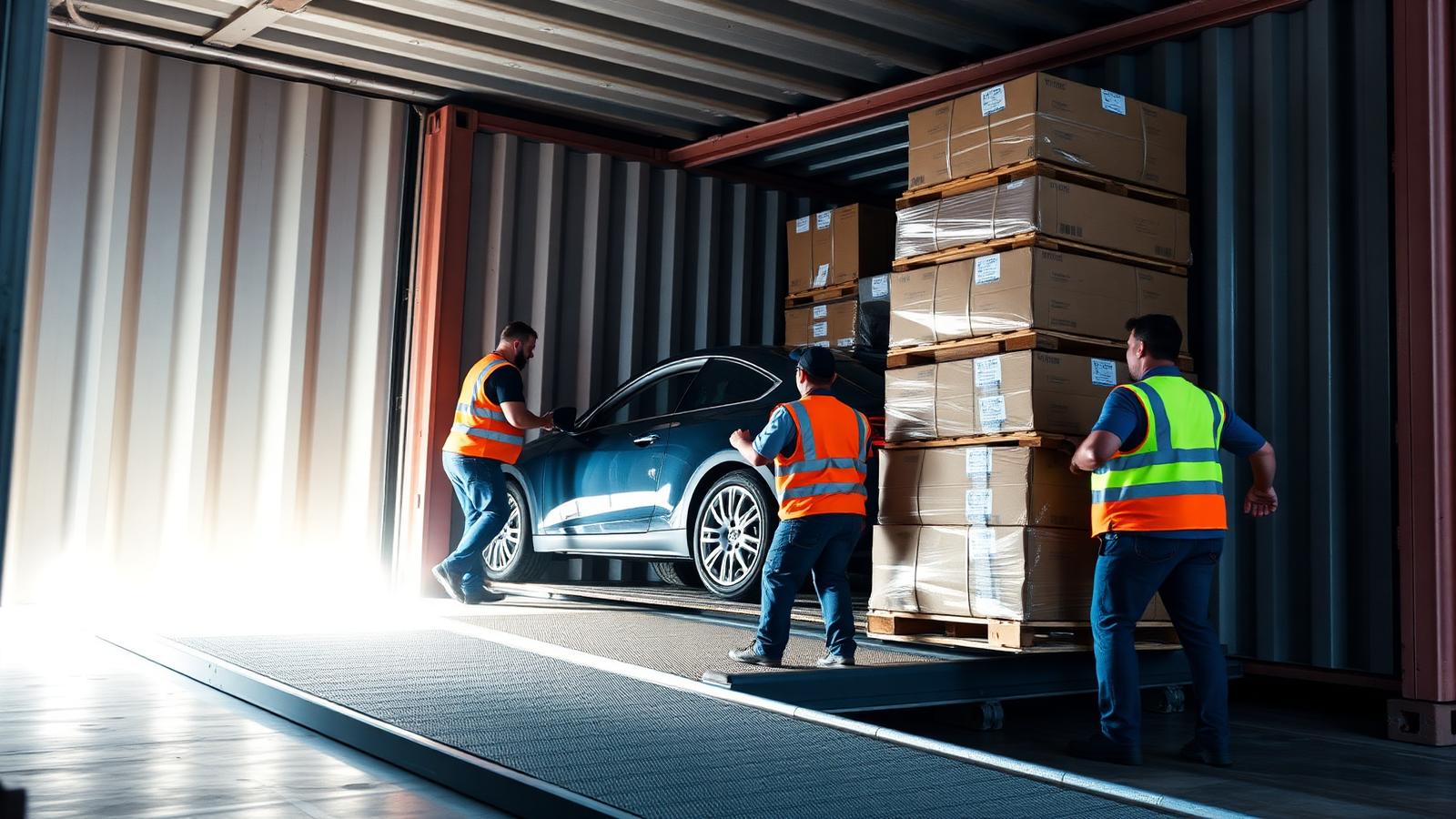 VELOX Logistics team loading a vehicle and goods into a shipping container in Montreal