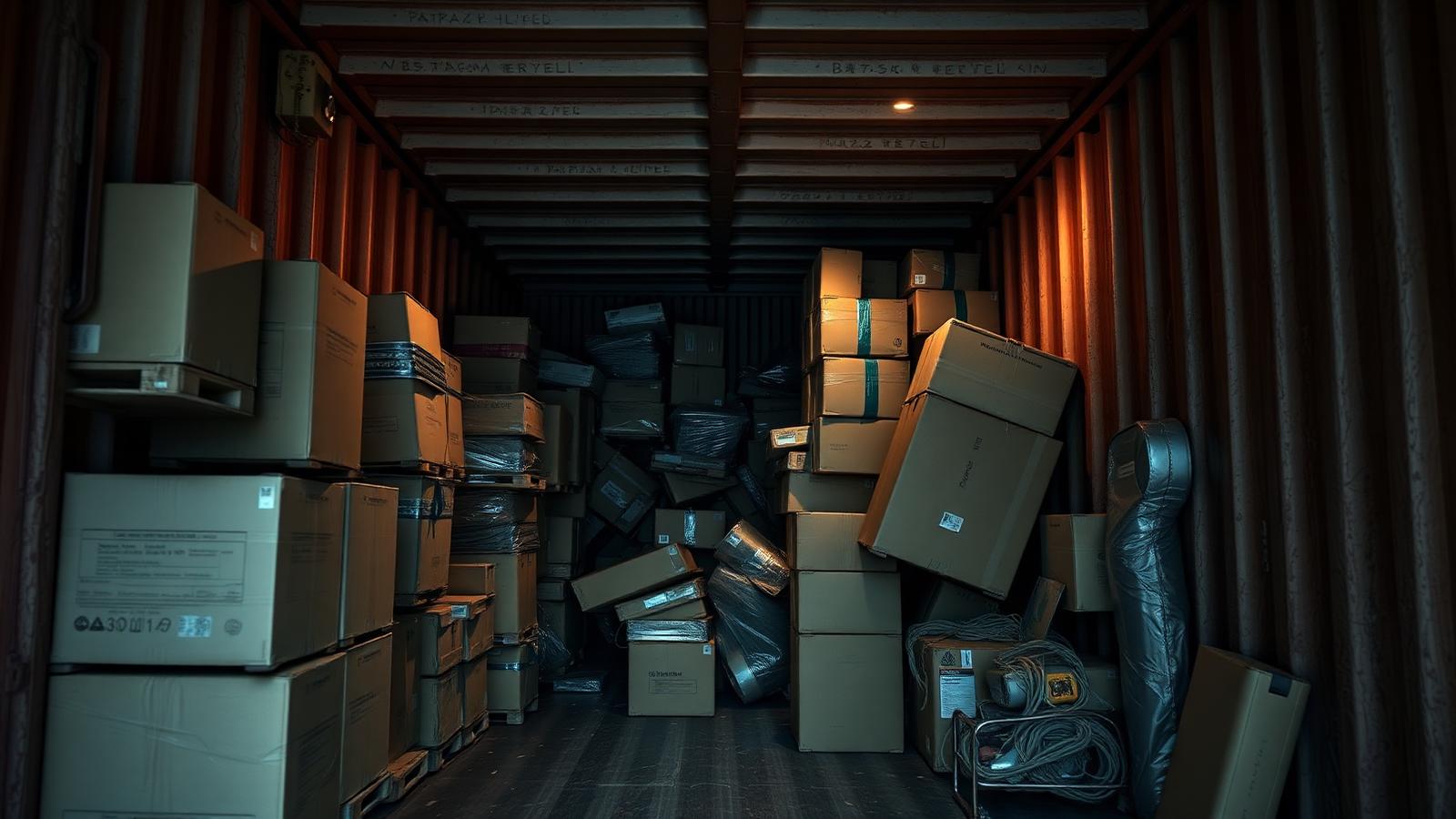 Shipping container being loaded with poorly secured cargo to avoid