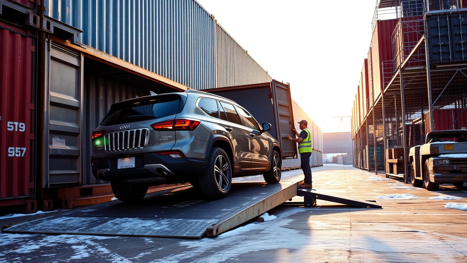 Car being loaded into an ocean shipping container bound for Kinshasa via Matadi