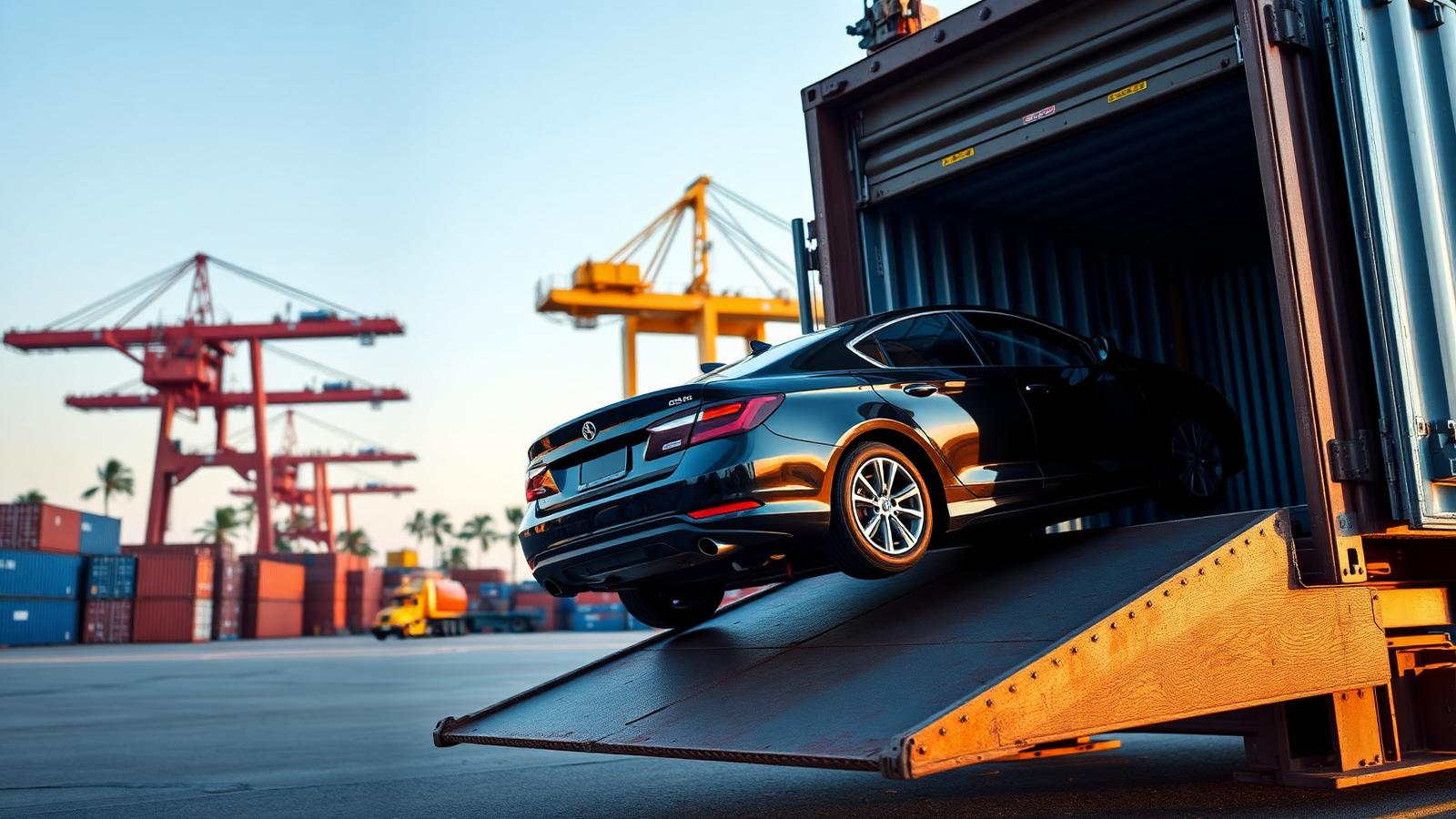 A container being loaded with a car, illustrating the process to ship a car from Montreal to Benin.