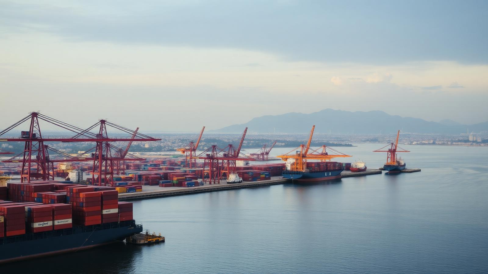 A container ship on the ocean, representing the process to ship a car from Montreal to Guinea.