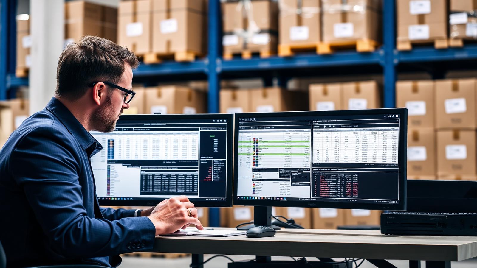 Logistics analyst reviewing tariff classification codes on screen