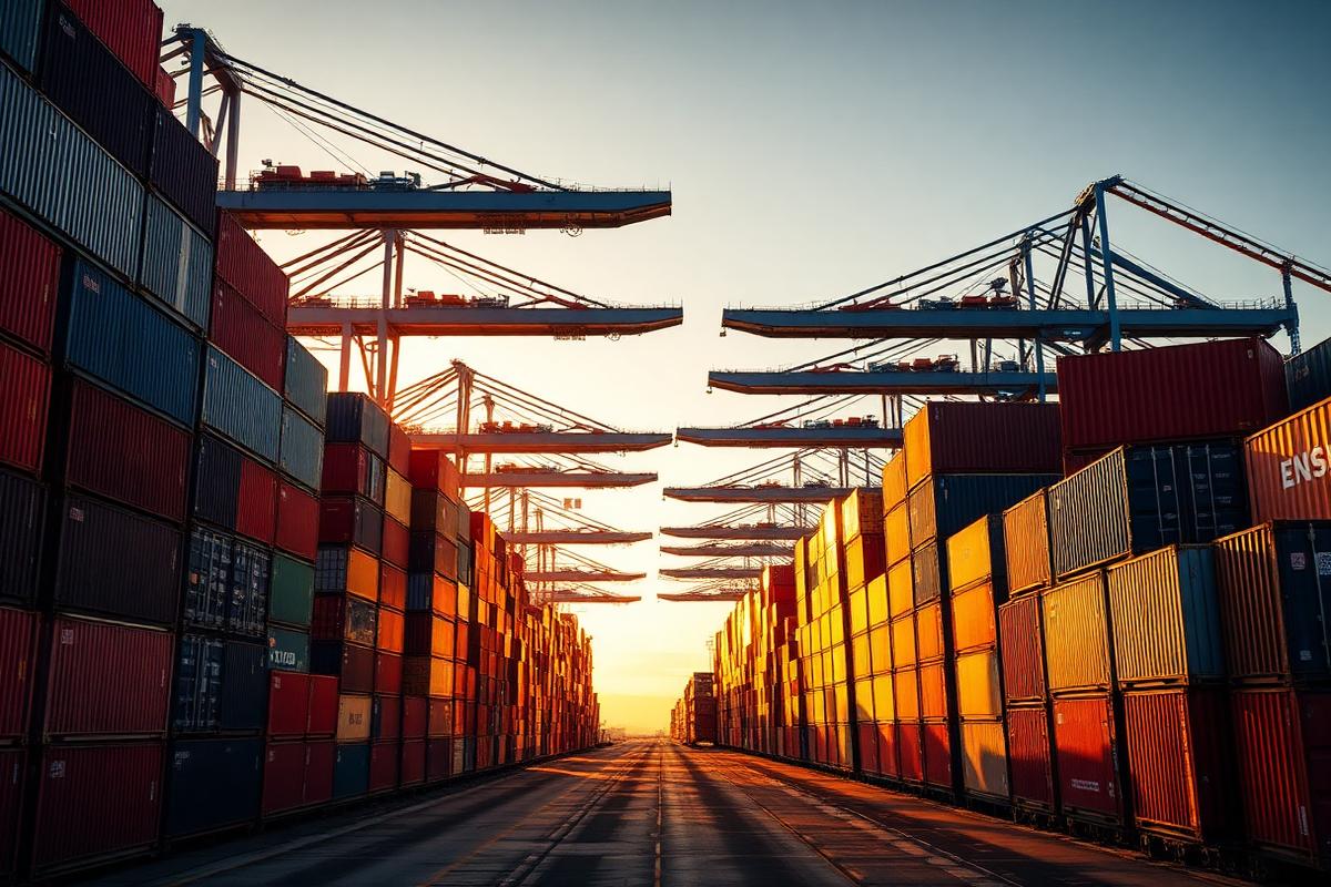 Container terminal at the Port of Montreal at sunset, representing Canadian international trade