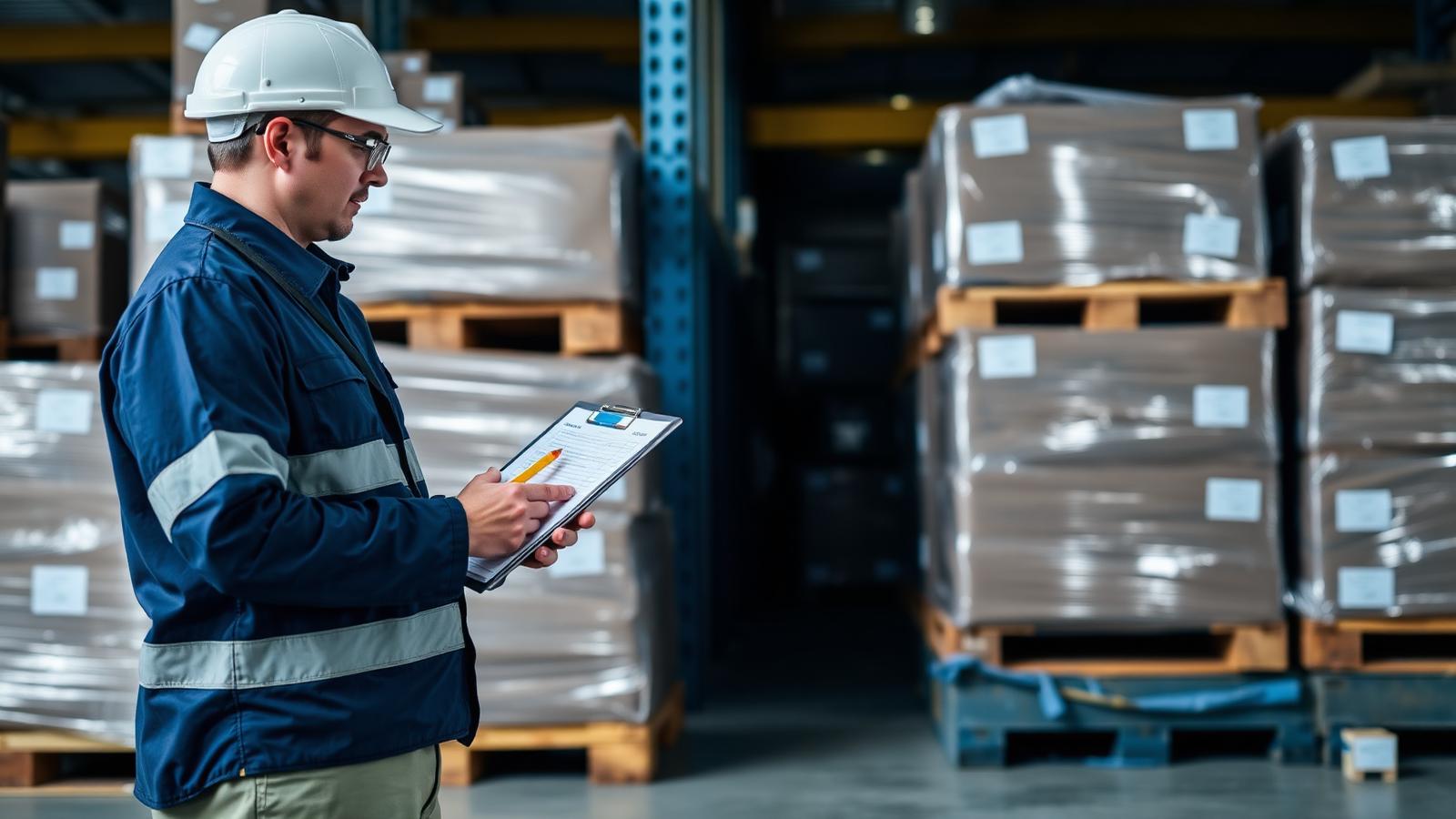 Quality inspector checking wrapped pallets before container loading