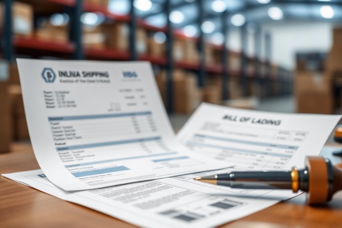 Commercial invoice, packing list and bill of lading on a desk in front of a warehouse