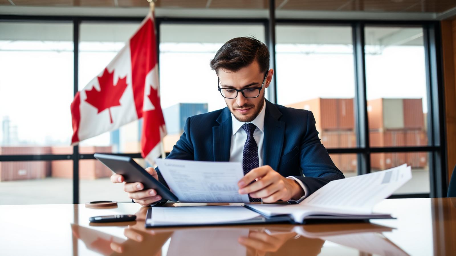 Customs broker reviewing Canadian import invoices and duty calculations