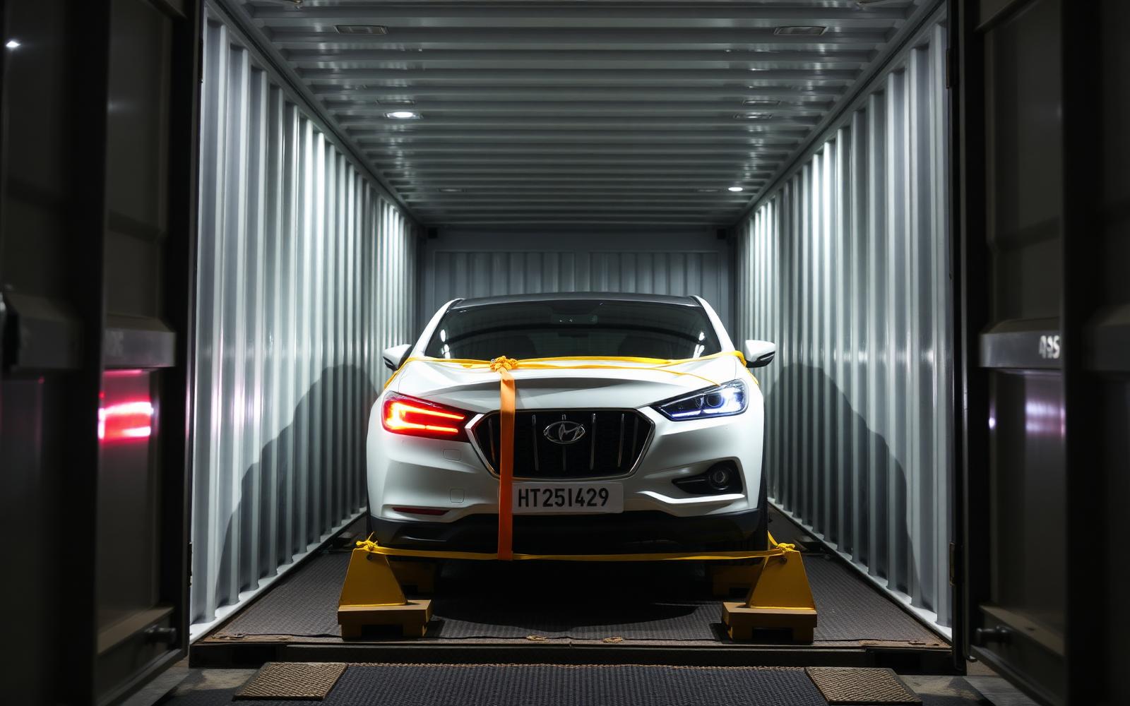Several cars expertly loaded into a 40-foot shipping container, secured for international transport