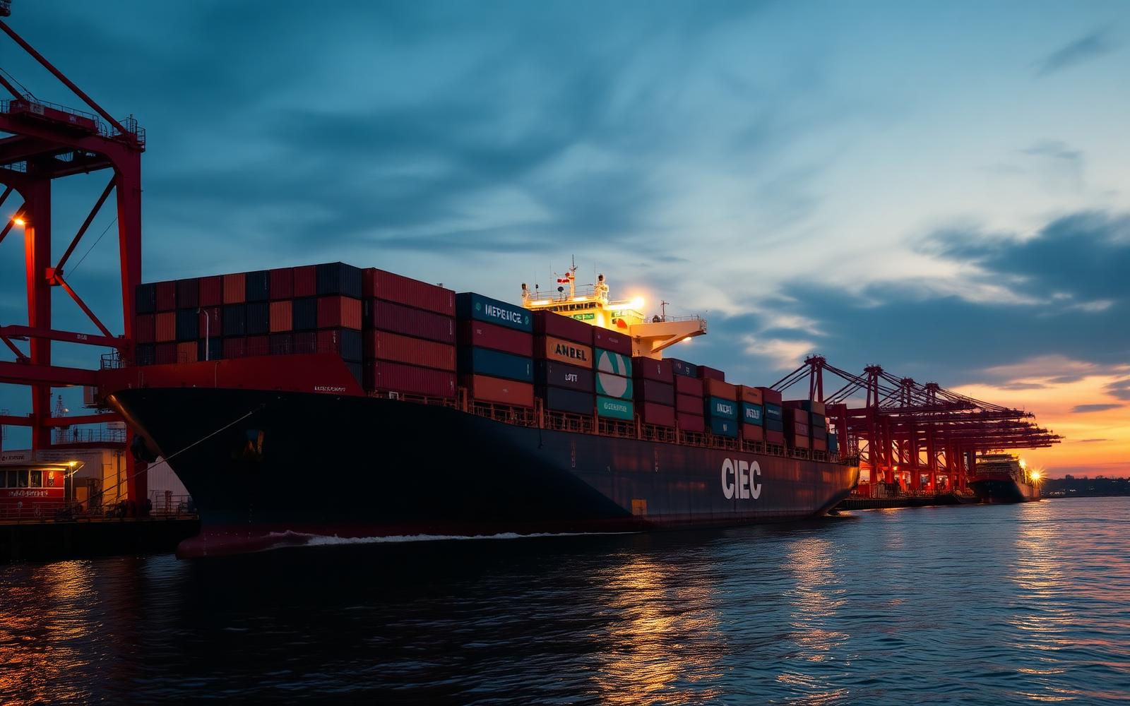 Large cargo ship departing from a bustling port in Montreal, Quebec, laden with containers, with an African coastline visible in the distance