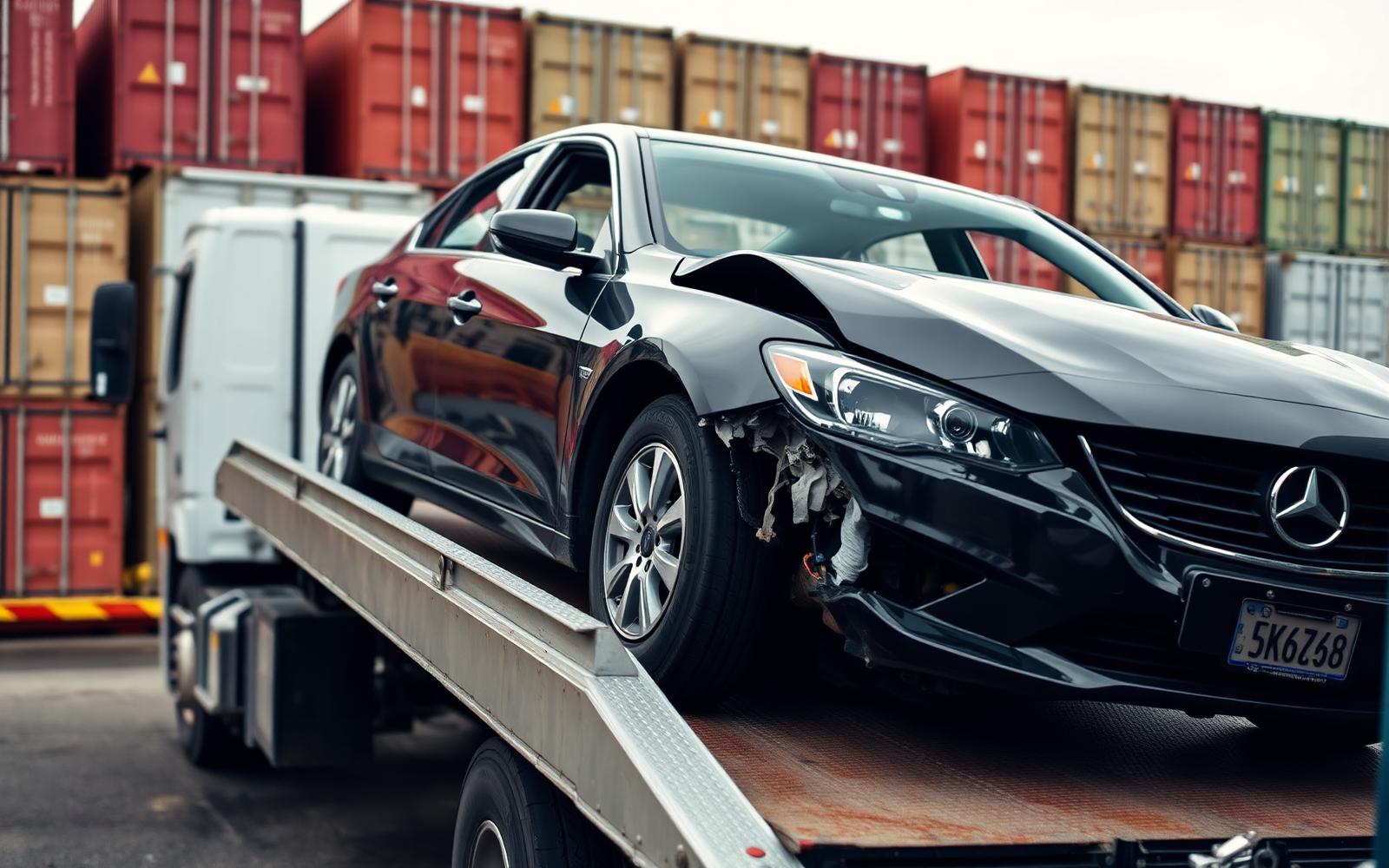 Damaged car being loaded into a shipping container at a port, illustrating salvage car export from Canada.