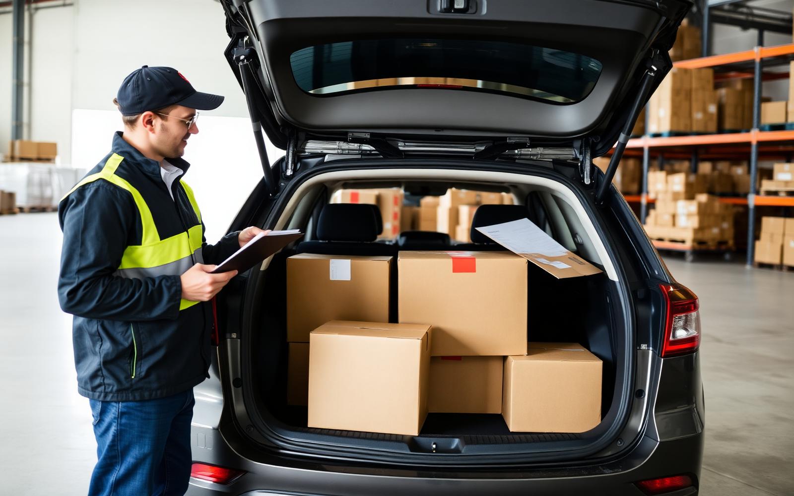A car being loaded into a shipping container, with boxes of personal effects visible inside the vehicle's trunk and cabin.
