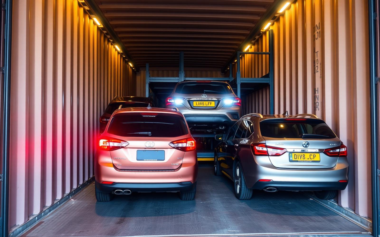 Several cars expertly loaded into a 40ft high cube shipping container, ready for international transport by VELOX Logistics