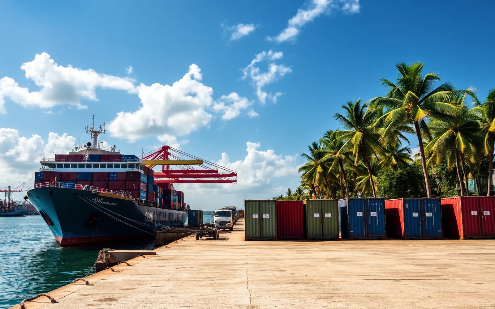 A cargo ship at sea, symbolizing international freight forwarding from Montreal to Haiti.