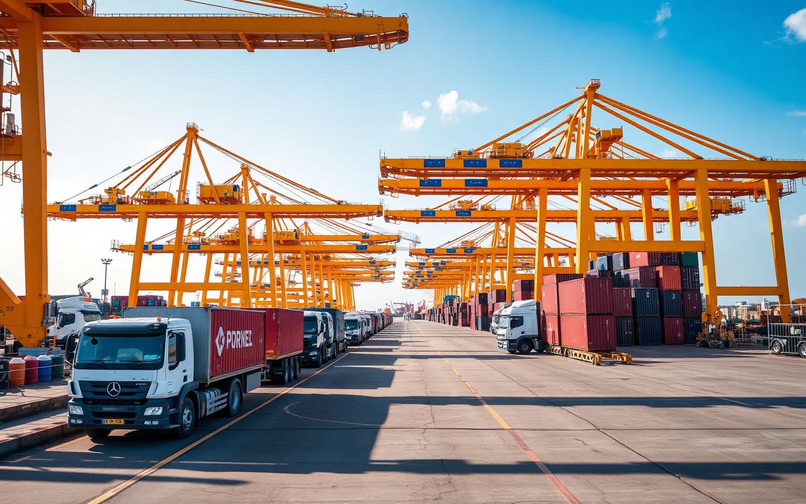 Large shipping containers stacked at a bustling port terminal in Montreal with a ship in the background, symbolizing international trade and logistics.