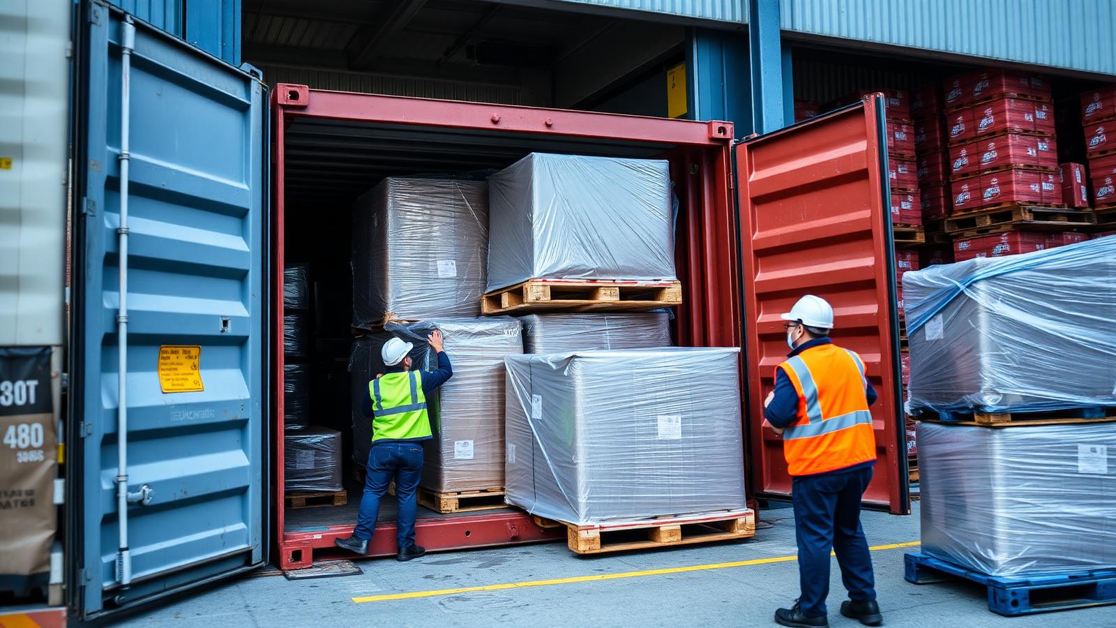 Workers loading pallets of liquidation merchandise into a shipping container