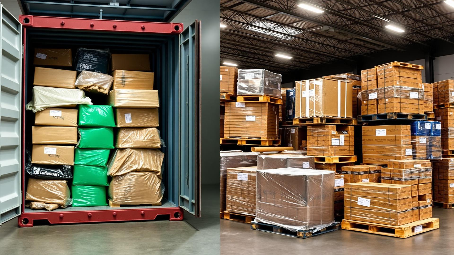 Export warehouse in Montreal with pallets prepared for container loading
