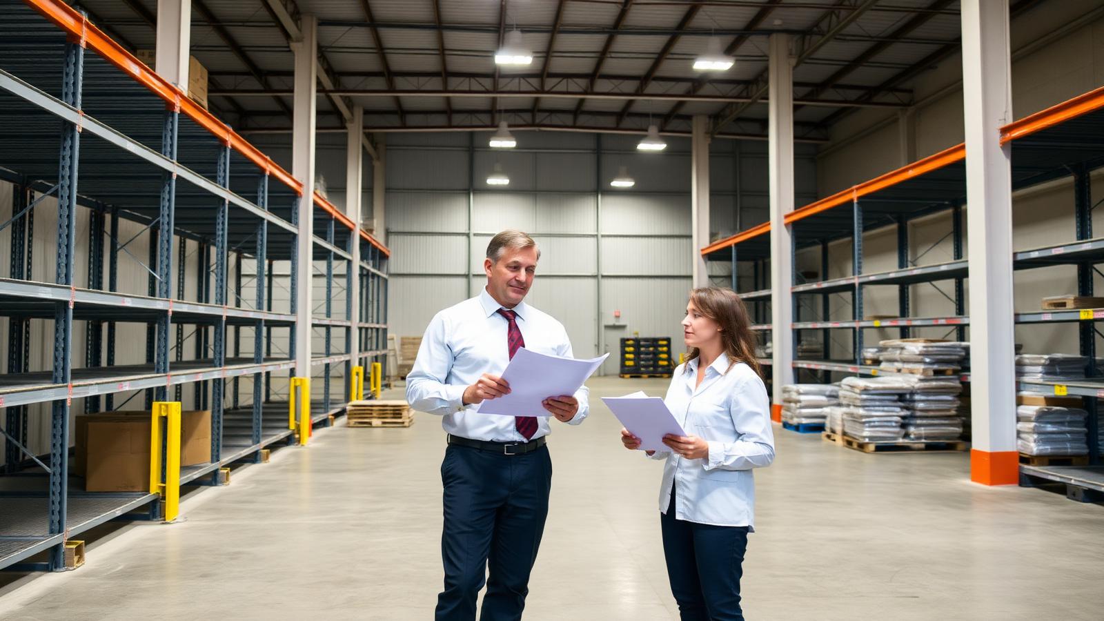Nearly empty industrial warehouse being cleared with two managers reviewing lists