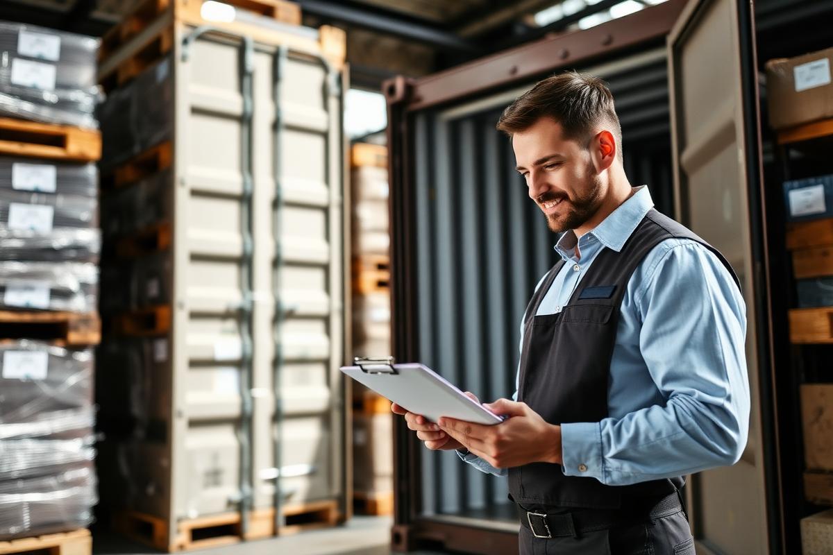Warehouse worker checking import paperwork in front of an open shipping container