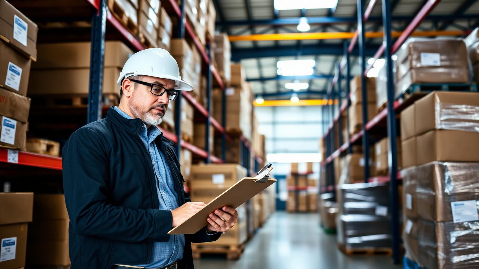Warehouse manager counting pallets of surplus inventory in a distribution centre