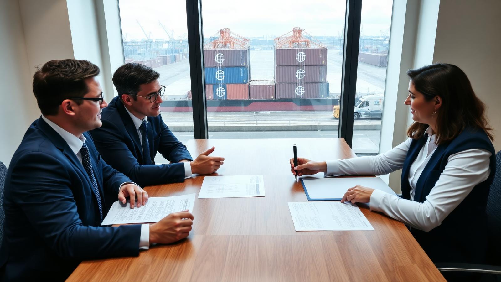 Business negotiation over shipping documents facing a container terminal