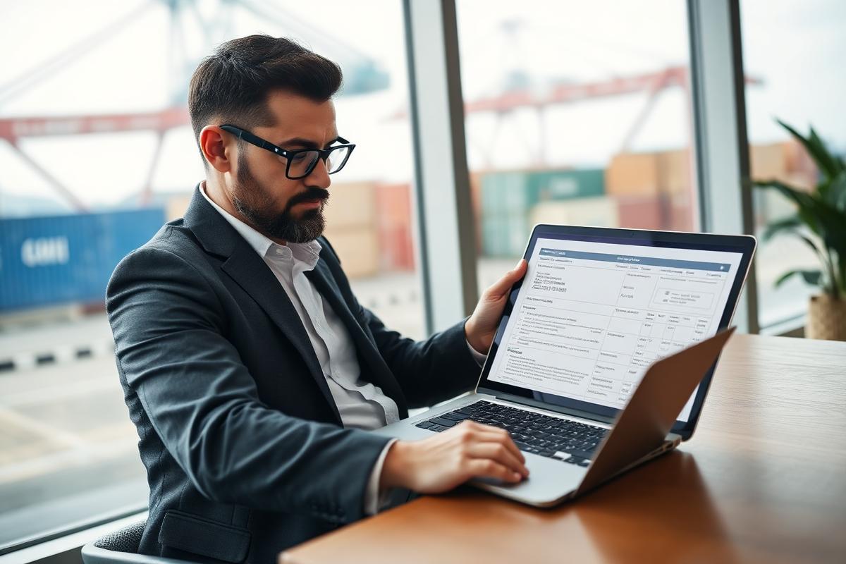 Importer reviewing an international wire transfer and letter of credit on a laptop