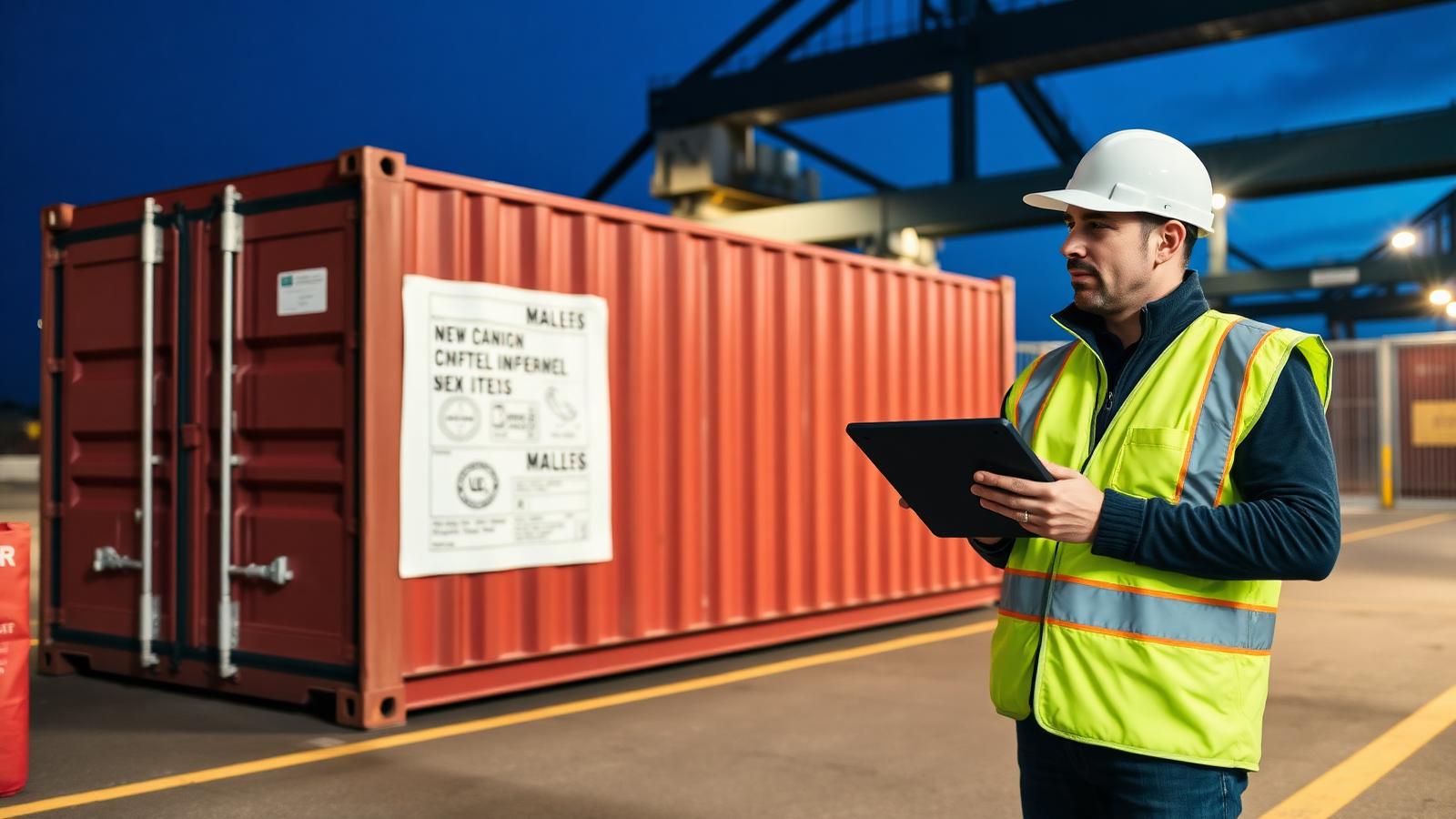 Sealed shipping container with inspection paperwork at a port terminal