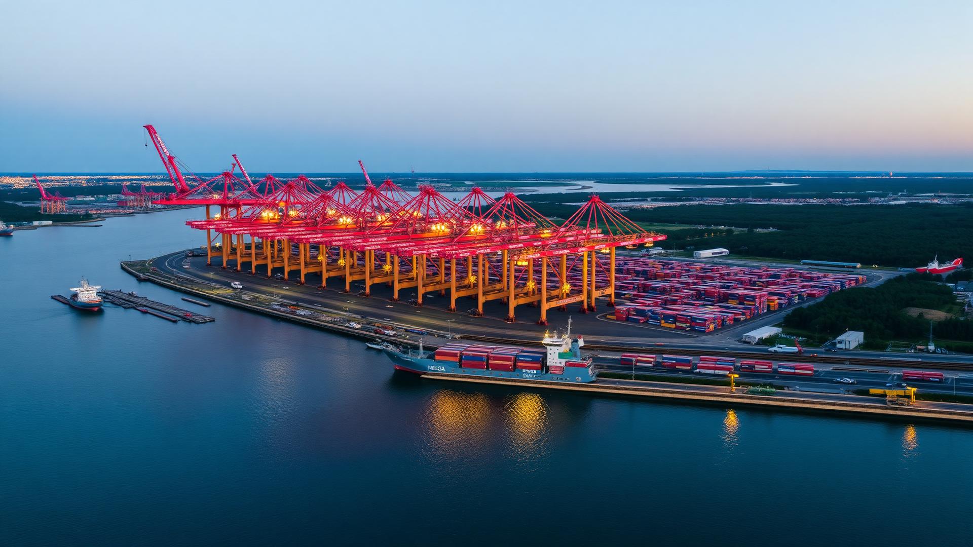 Aerial view of the Port of Montreal container terminal at dusk
