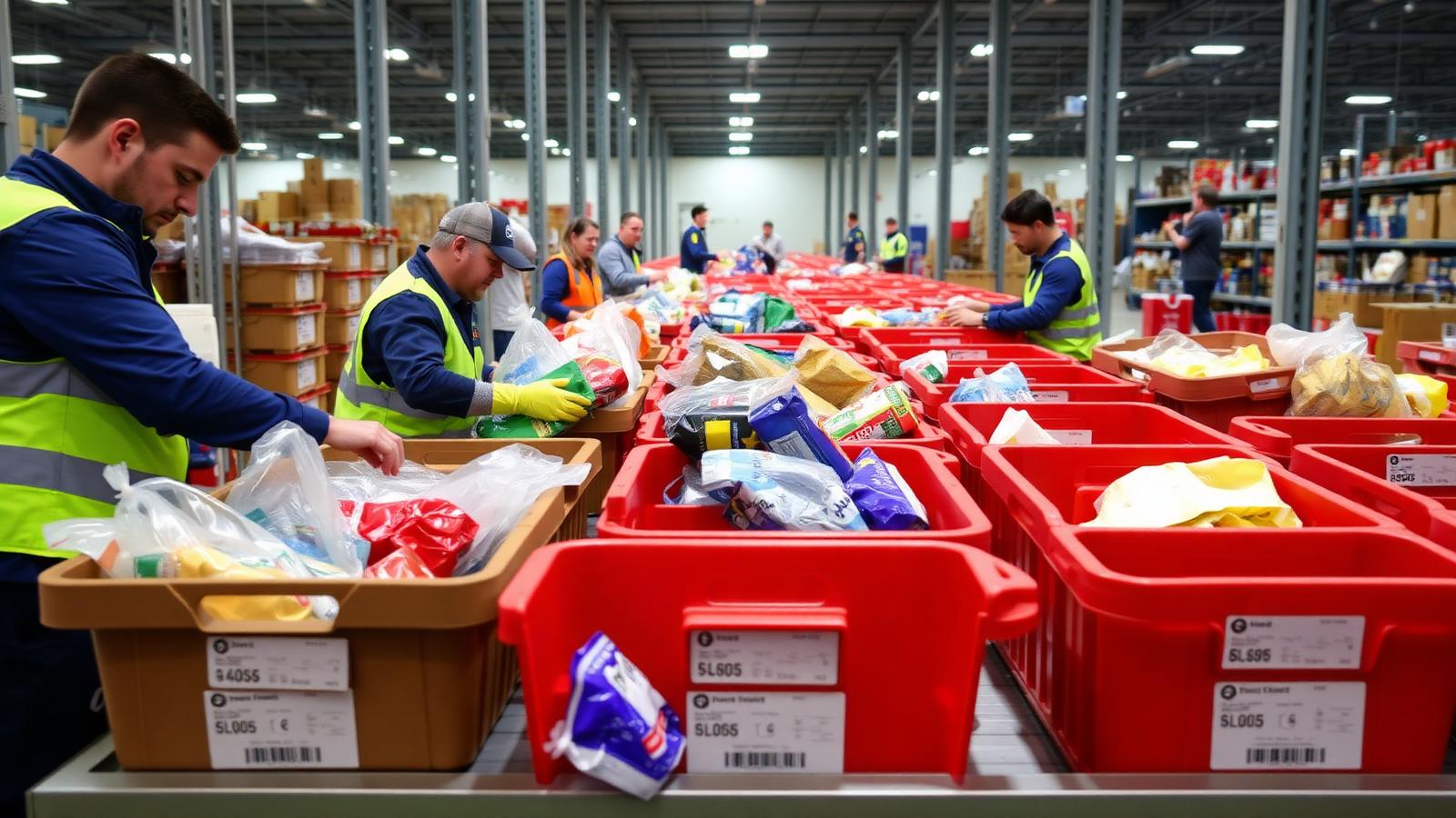 Returns sorting station with labelled bins in a warehouse