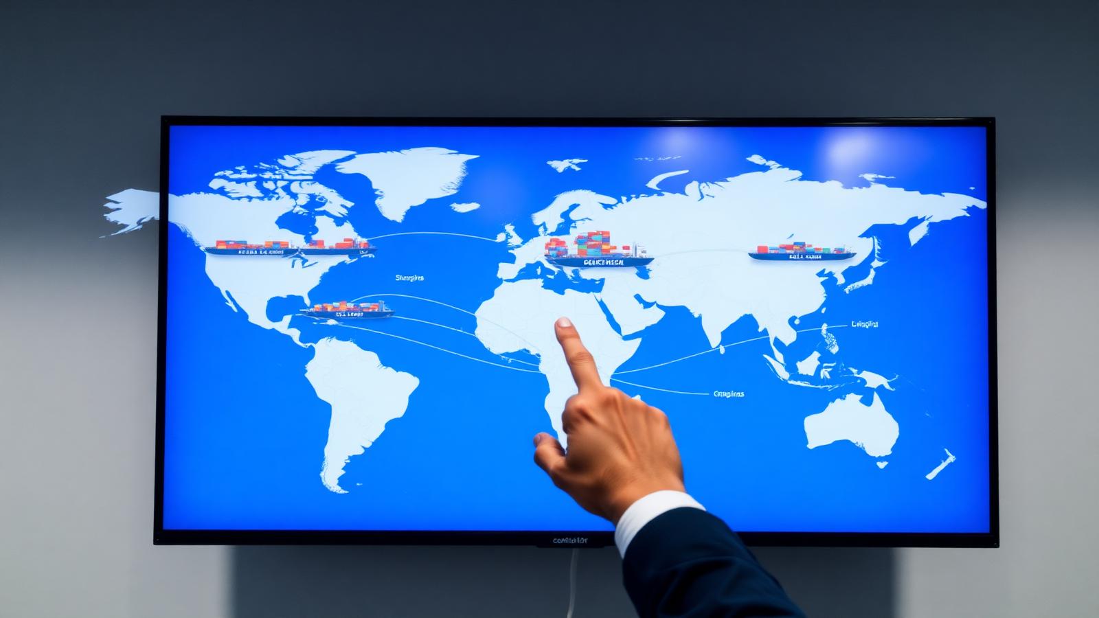 World map showing multiple ocean supply routes on a screen