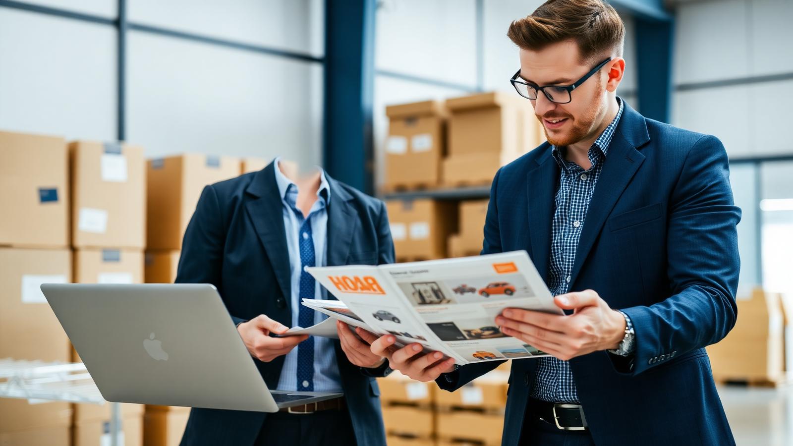 Sourcing manager reviewing product samples and a supplier catalogue in a warehouse