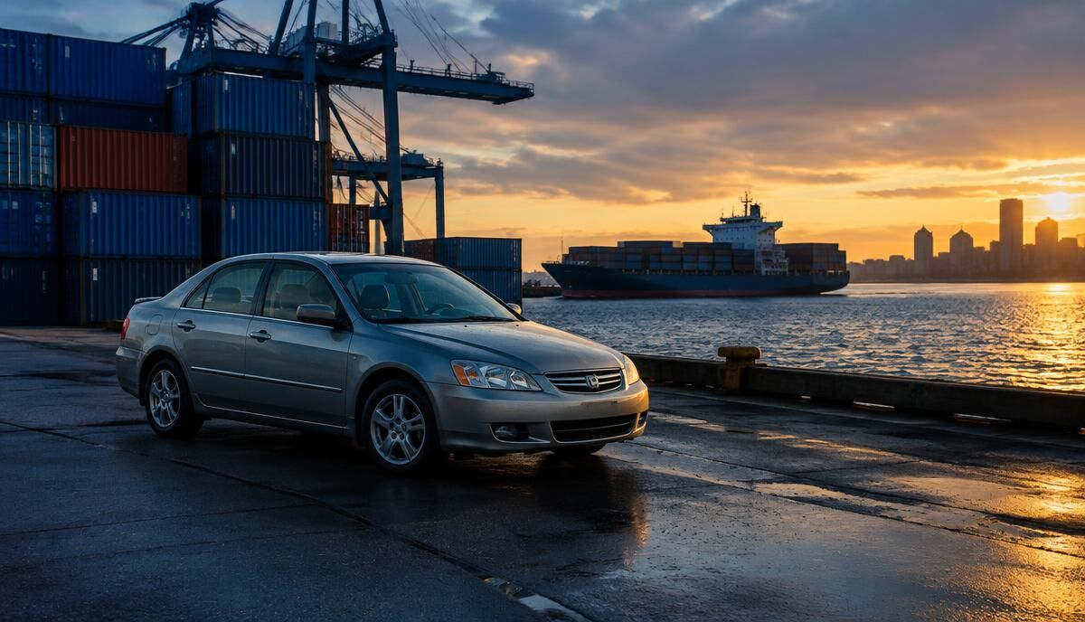 Used sedan on a Montreal port quay with containers and a ship at sunset