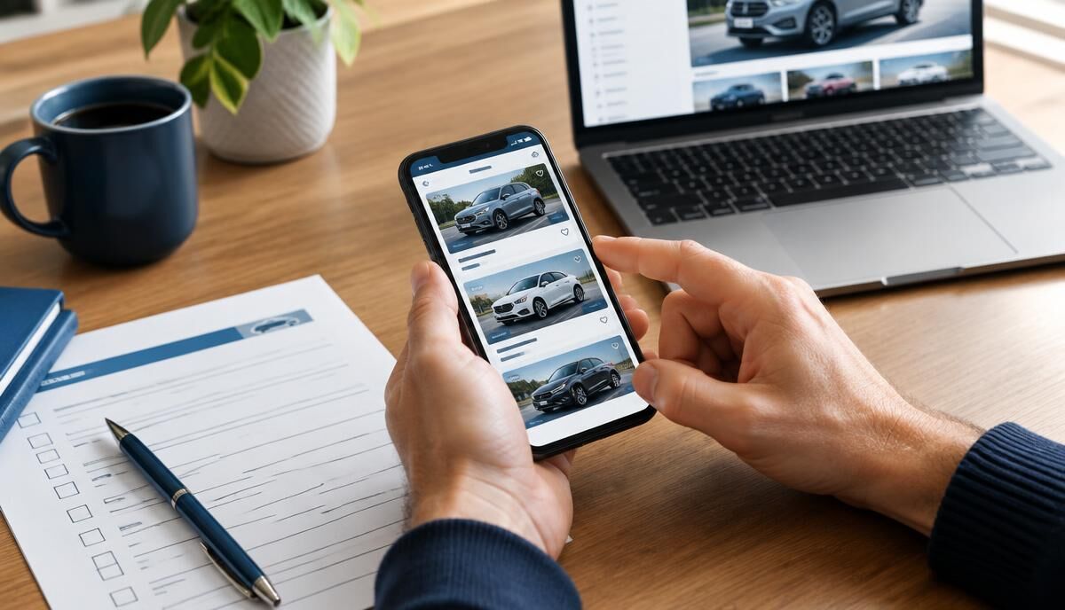 Browsing used car listings on a phone next to a buyer checklist