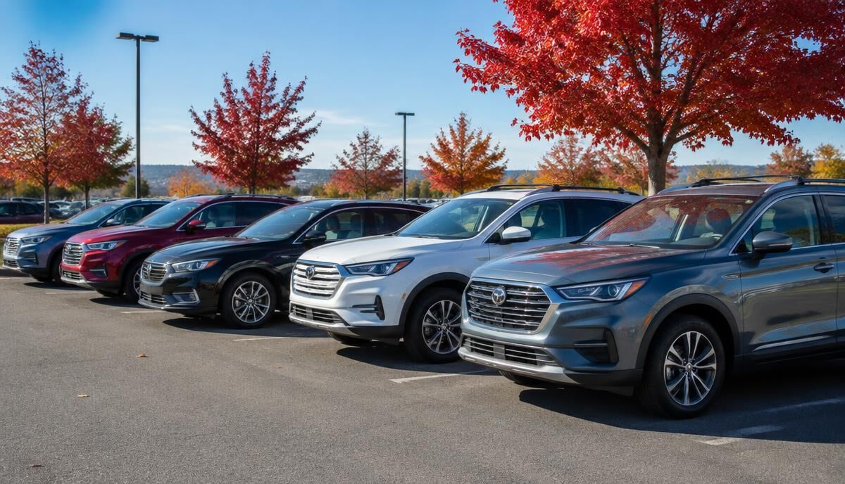 Row of used SUVs and sedans at a Canadian dealership in autumn
