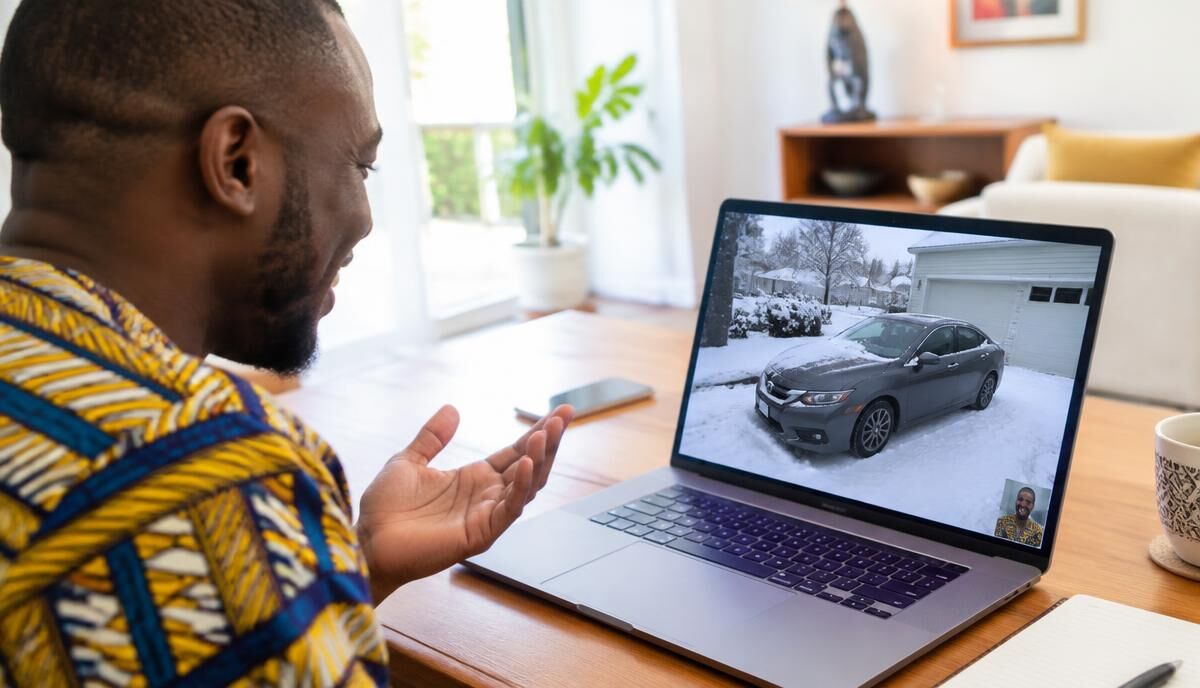 Buyer in Lomé on a video call viewing a snowy car in Canada